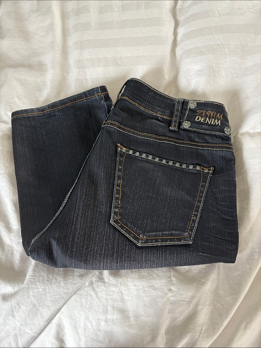 Zenim Dark Blue Boot-Cut Jeans with Studded Pocket- inseam 32”
